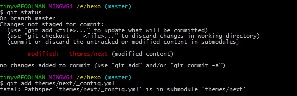 fatal: Pathspec 'themes/next/_config.yml' is in submodule 'themes/next'